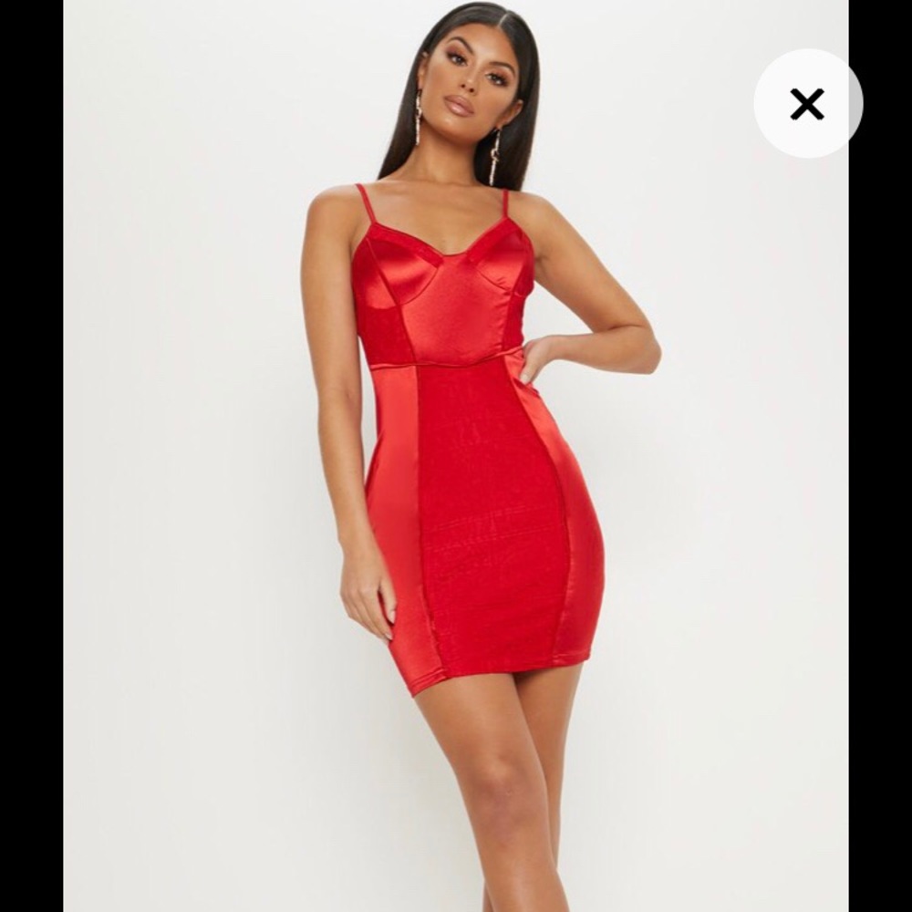 Red Satin Strappy Lace Panel Bodycon Dress